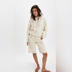 Free People Cream Relaxed Sweatshirt with Floral Scarf Detail